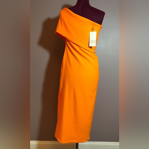 Zara Bright Orange Off The Shoulder Dress - Picture 6 of 6